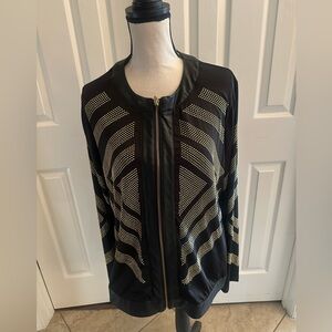 Size 3X black lightweight faux leather trim jacket with gold studs and zipper
